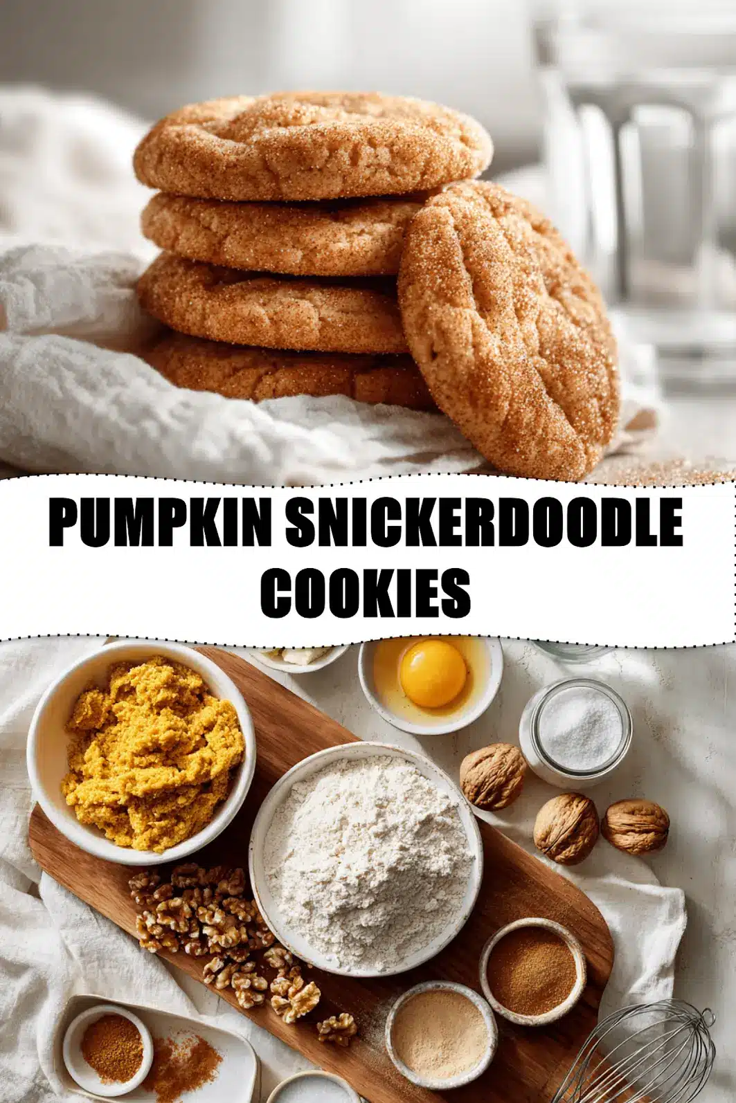 Pumpkin Snickerdoodle Cookies: Deliciously Soft and Irresistible 2 PUMPKIN SNICKERDOODLE COOKIES delicate fall treats on white napkin with clear water glass_pin