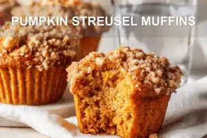 PUMPKIN STREUSEL MUFFINS on white cloth with clear glass of water warm light