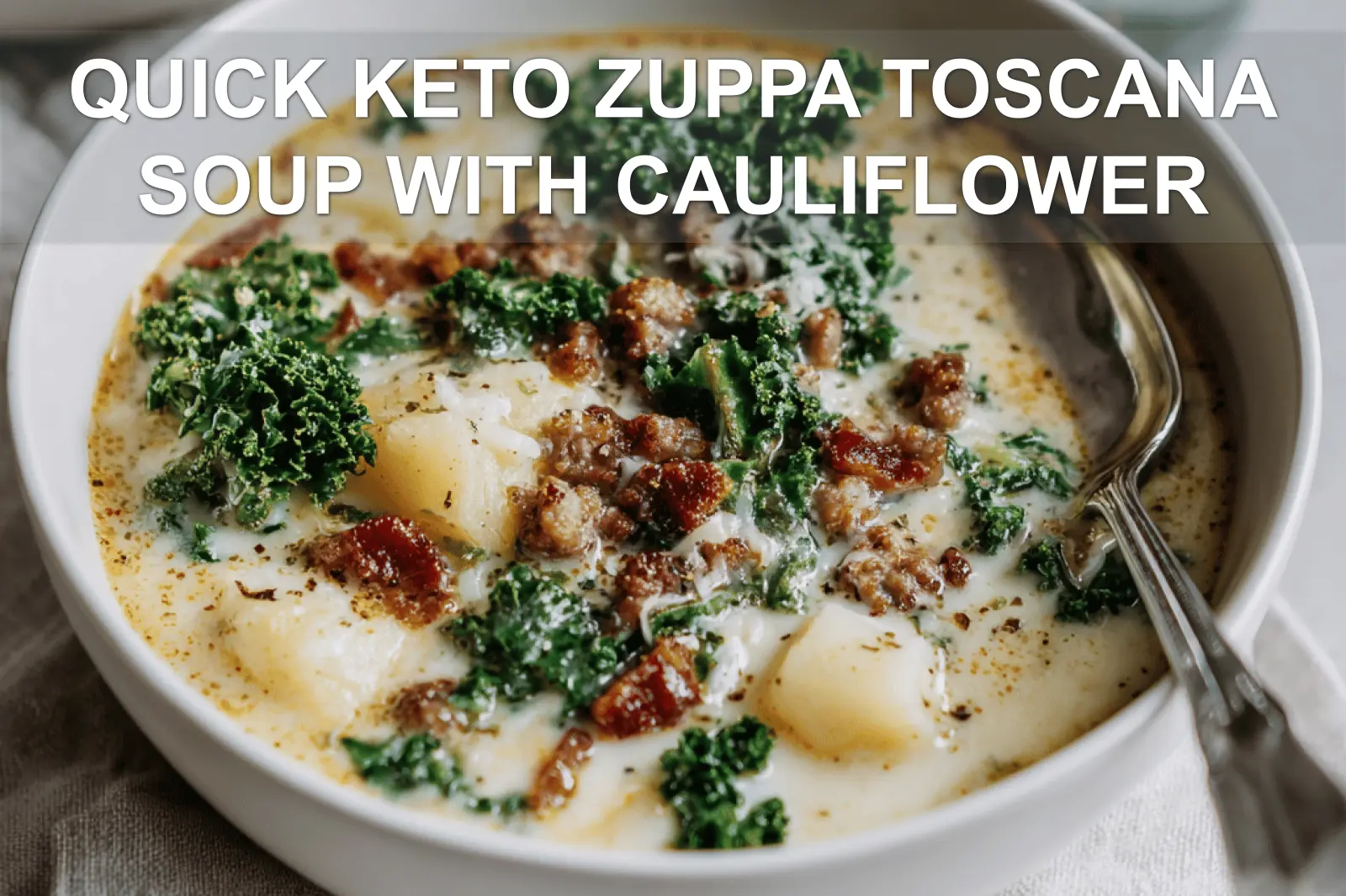 QUICK KETO ZUPPA TOSCANA SOUP WITH CAULIFLOWER creamy Italian sausage kale bacon bowl top-down hero