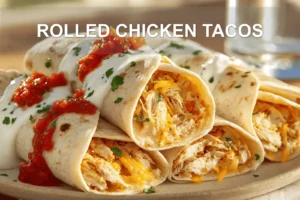 ROLLED CHICKEN TACOS with shredded chicken soft white cheese colby jack and red salsa