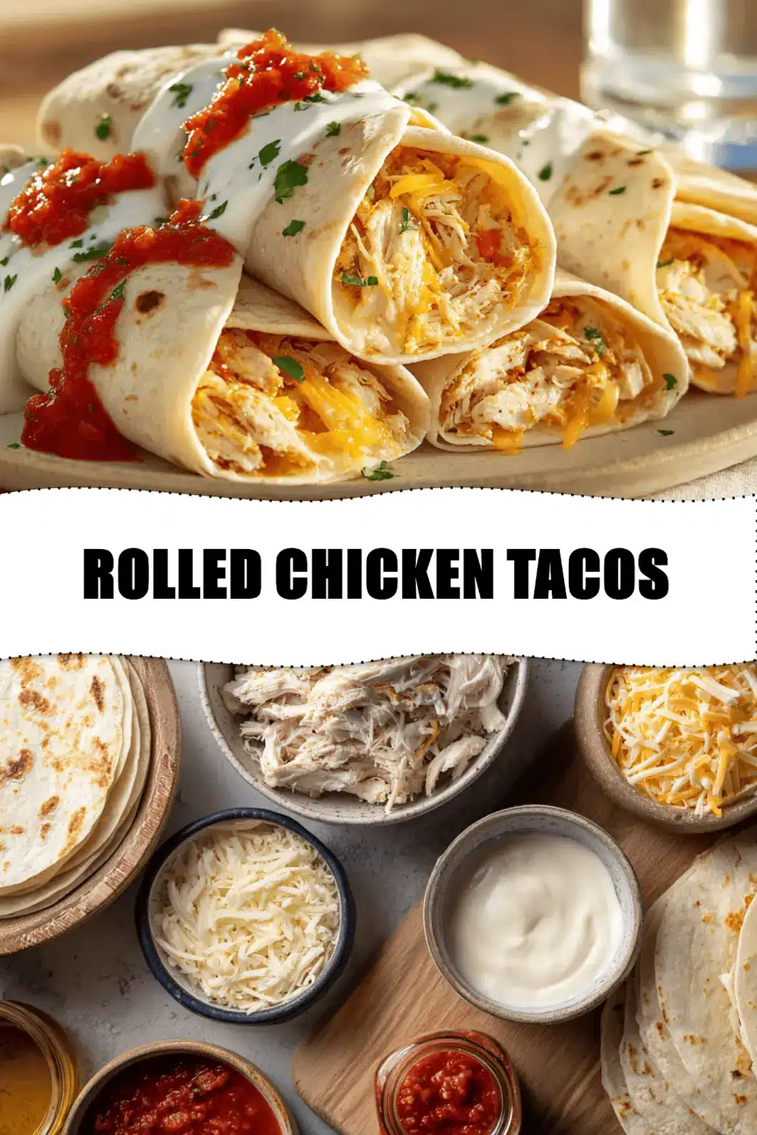 ROLLED CHICKEN TACOS with shredded chicken soft white cheese colby jack and red salsa_pin