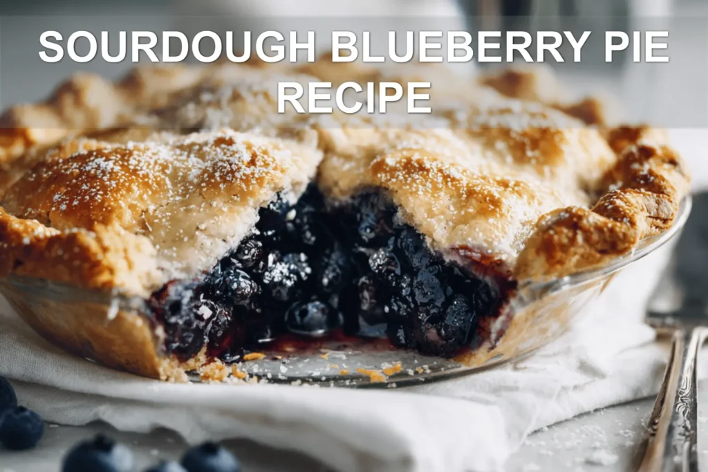 SOURDOUGH BLUEBERRY PIE RECIPE hero image warm natural light slice on white cloth