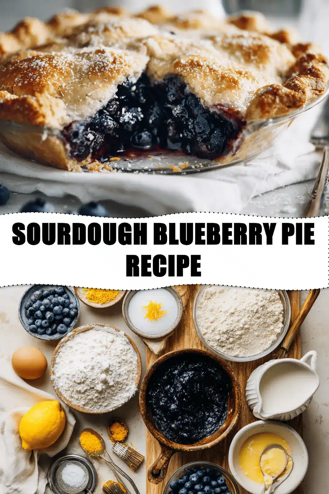 SOURDOUGH BLUEBERRY PIE RECIPE hero image warm natural light slice on white cloth_pin