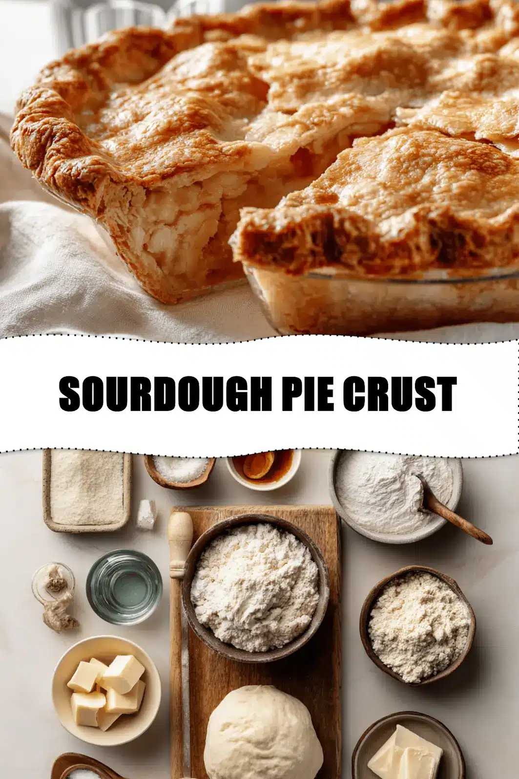 SOURDOUGH PIE CRUST golden flaky crust on white napkin with clear water glass hero image_pin