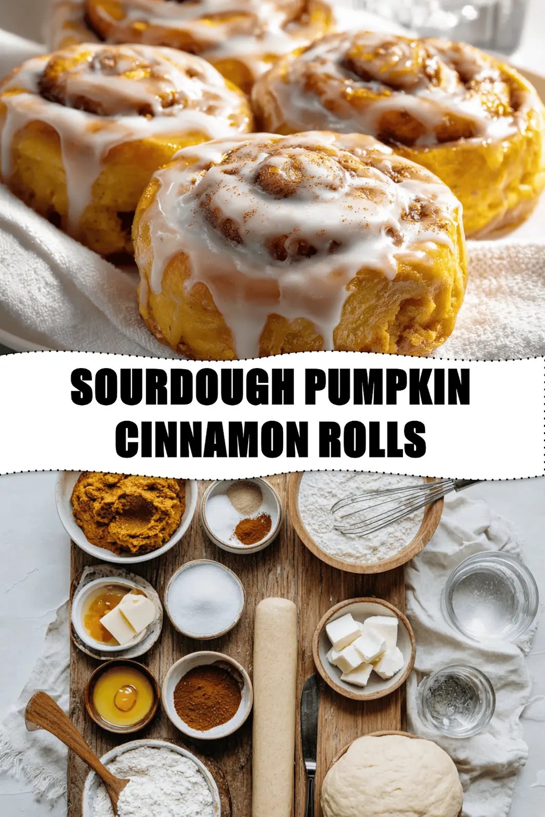 SOURDOUGH PUMPKIN CINNAMON ROLLS glazed rolls on white cloth with clear water glass_pin