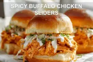 SPICY BUFFALO CHICKEN SLIDERS on slider buns with buffalo sauce melted cheese garlic butter
