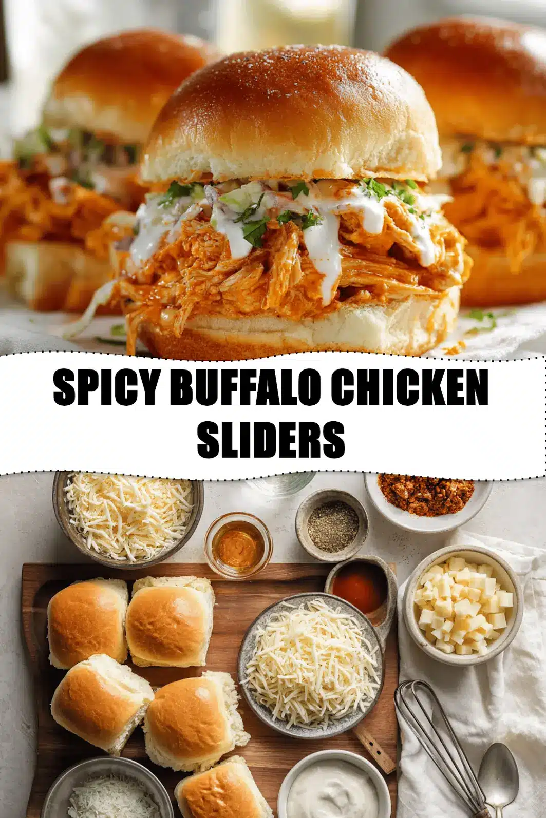 SPICY BUFFALO CHICKEN SLIDERS on slider buns with buffalo sauce melted cheese garlic butter_pin