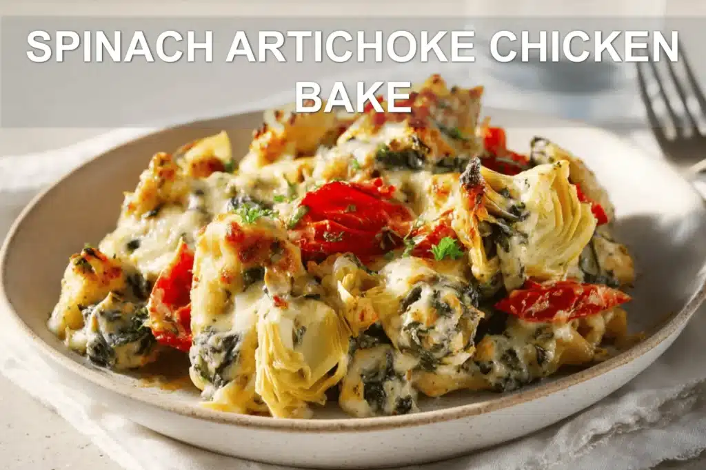 SPINACH ARTICHOKE CHICKEN BAKE finished casserole on white napkin with clear glass of water