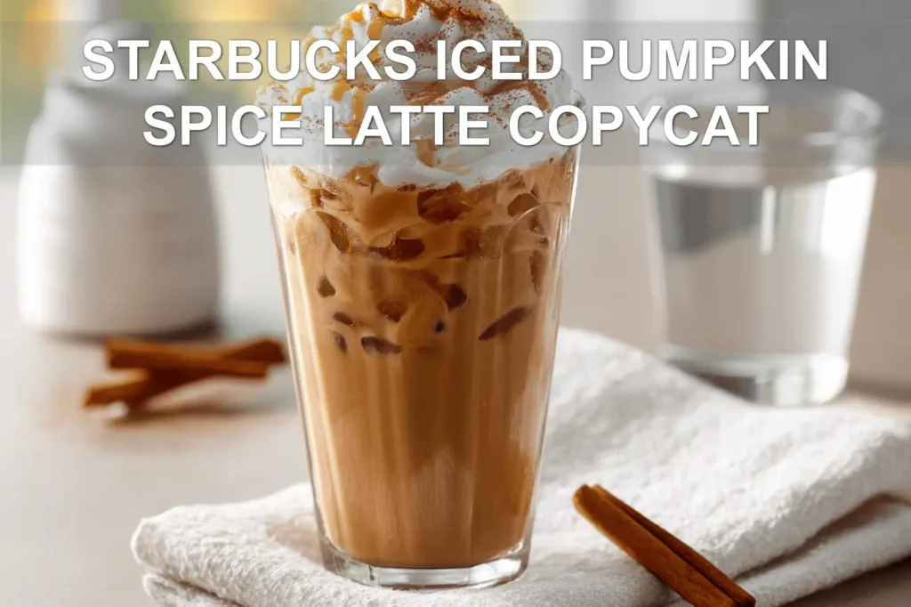 STARBUCKS ICED PUMPKIN SPICE LATTE COPYCAT glass with whipped topping cinnamon and caramel drizzle