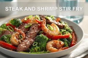STEAK AND SHRIMP STIR FRY hero photo on white napkin warm natural light restaurant style
