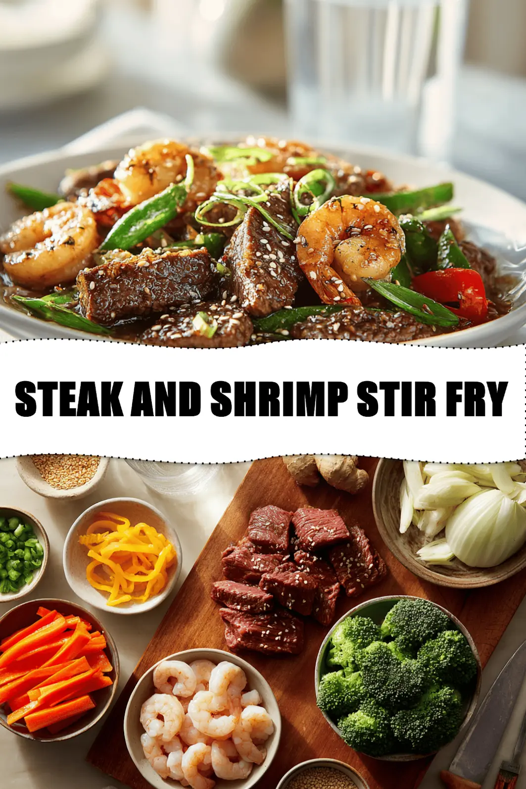 STEAK AND SHRIMP STIR FRY hero photo on white napkin warm natural light restaurant style_pin