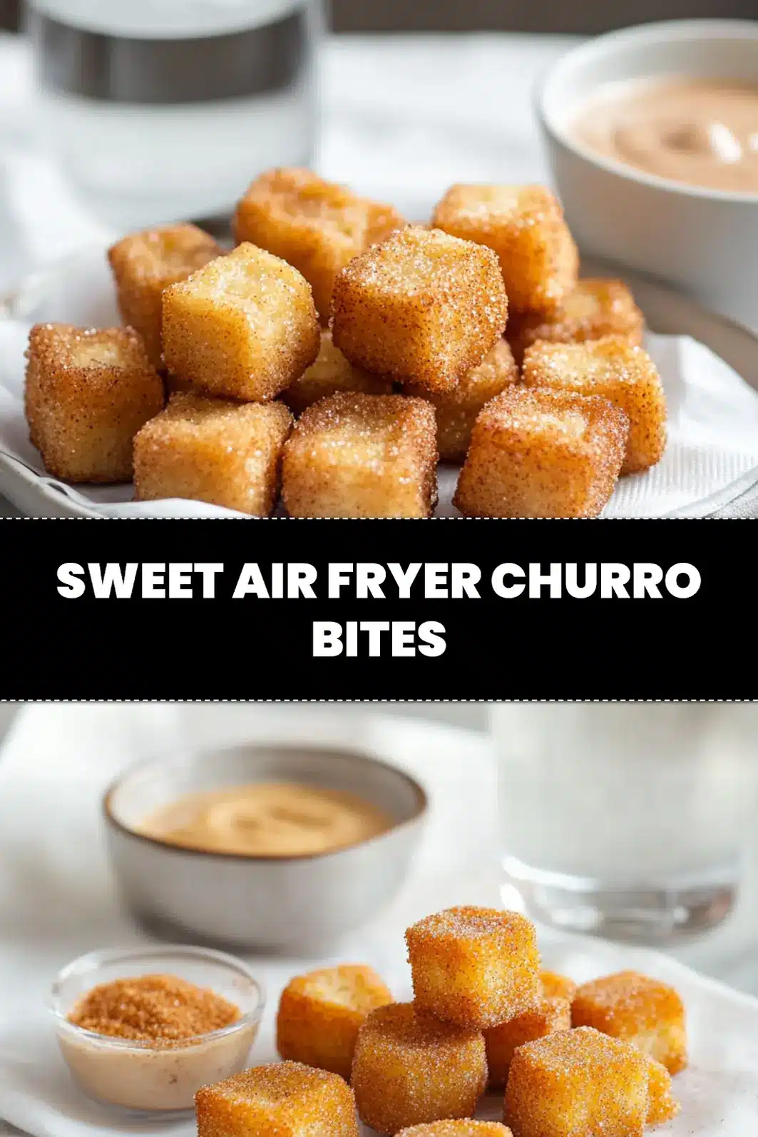 SWEET AIR FRYER CHURRO BITES close-up plated bites on white napkin with water glass_pin