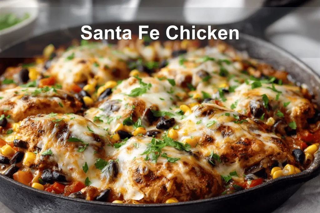 Santa Fe Chicken skillet with black beans corn melted cheese and fresh herbs in warm light