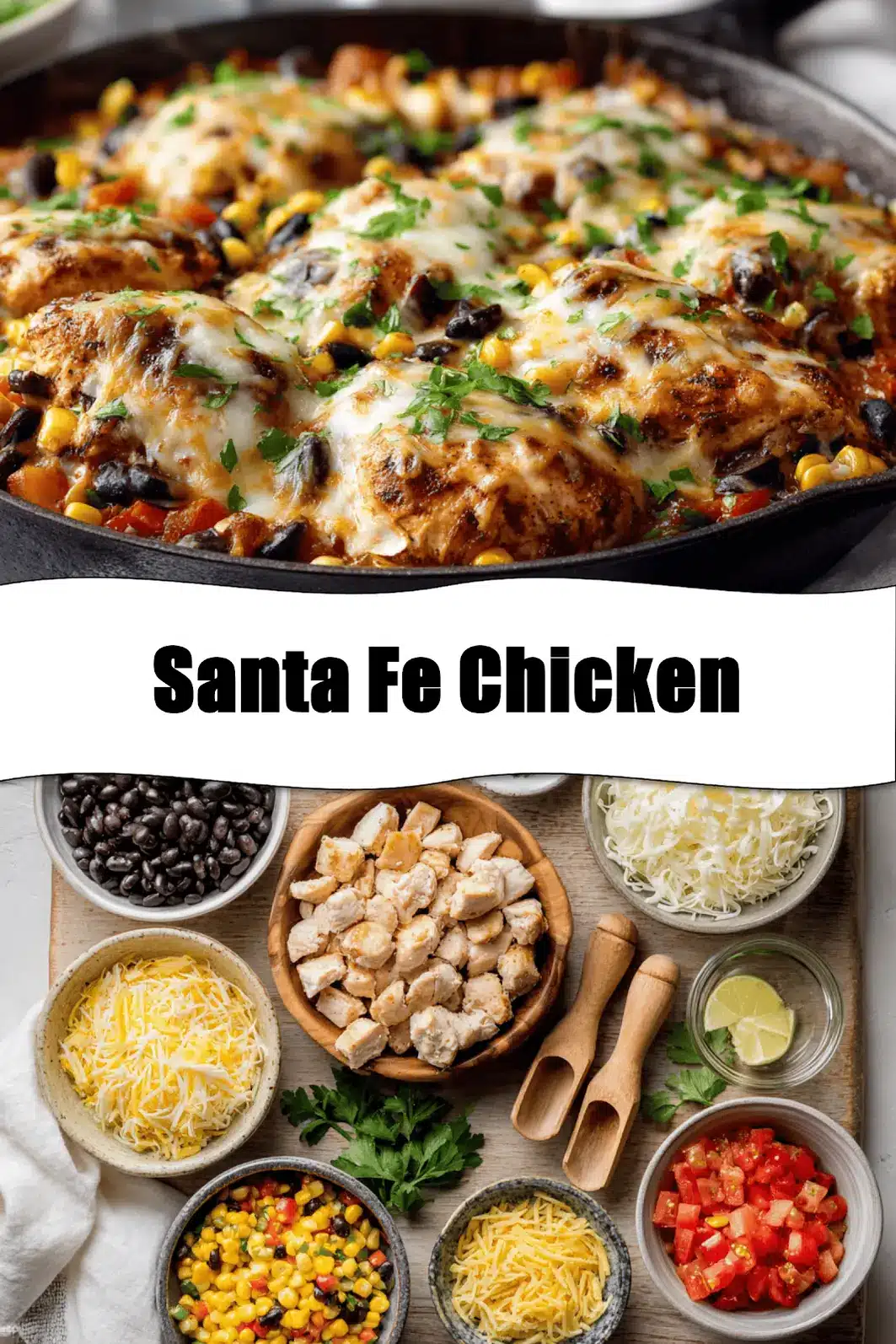 Santa Fe Chicken skillet with black beans corn melted cheese and fresh herbs in warm light_pin