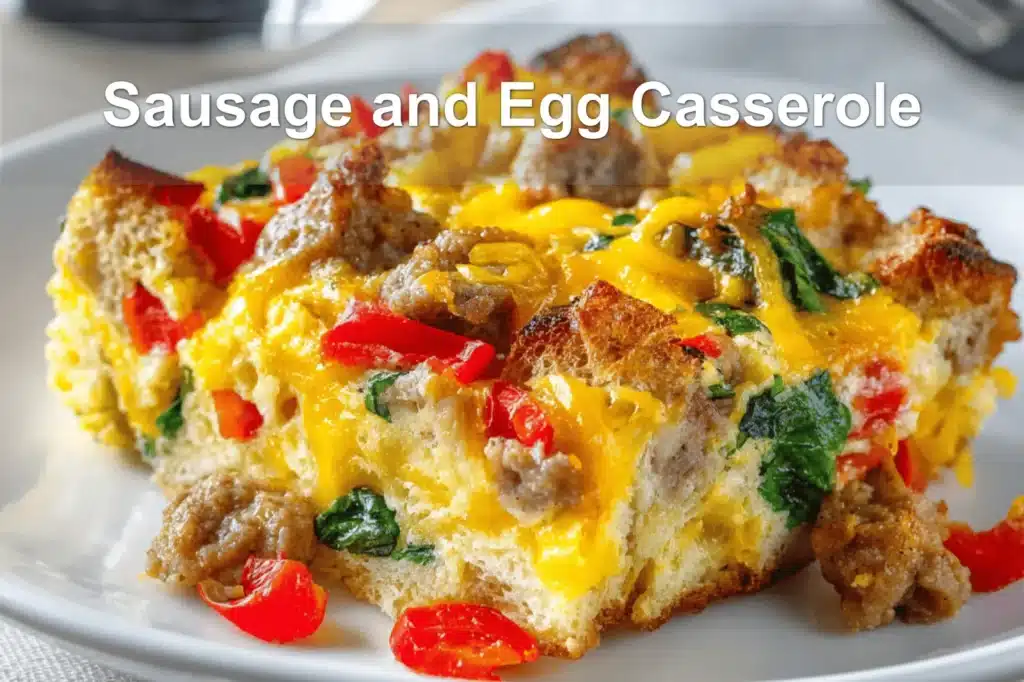 Sausage and Egg Casserole golden baked with cheddar peppers spinach on white napkin