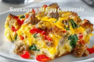 Sausage and Egg Casserole golden baked with cheddar peppers spinach on white napkin