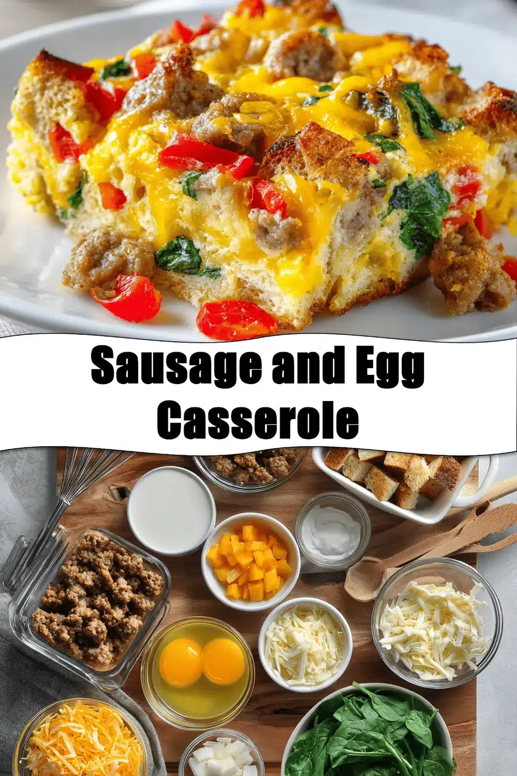 Sausage and Egg Casserole golden baked with cheddar peppers spinach on white napkin_pin