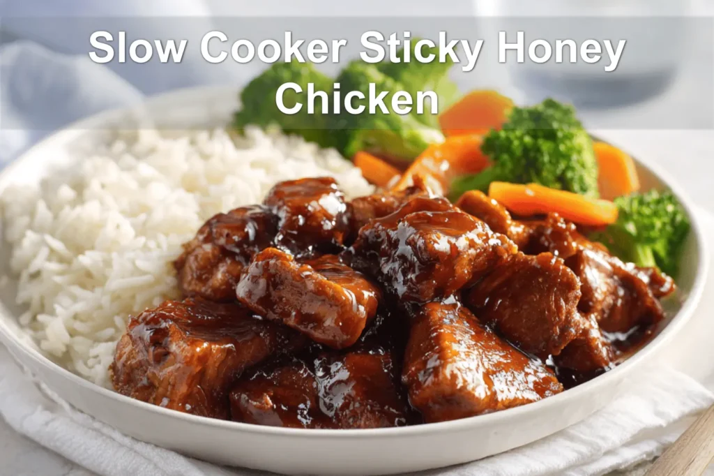 Slow Cooker Sticky Honey Chicken plated with white rice broccoli carrots on a white napkin beside water