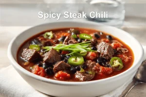 Spicy Steak Chili in bowl on white napkin warm inviting natural light glass of water