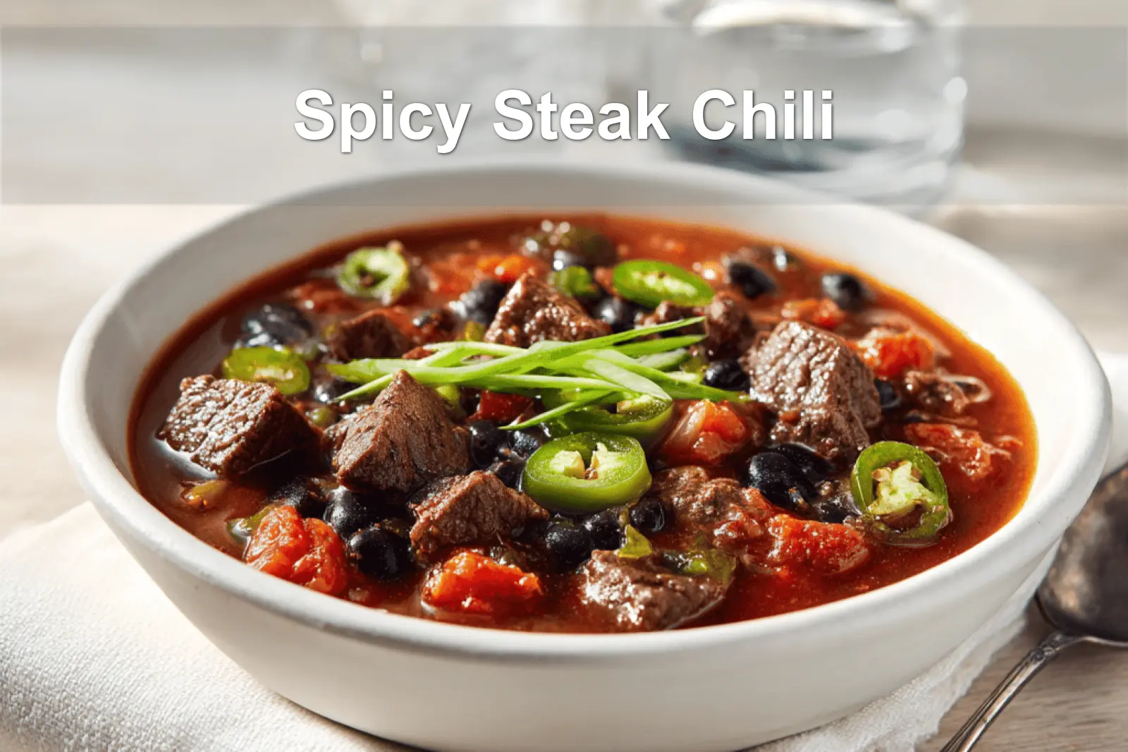Spicy Steak Chili in bowl on white napkin warm inviting natural light glass of water