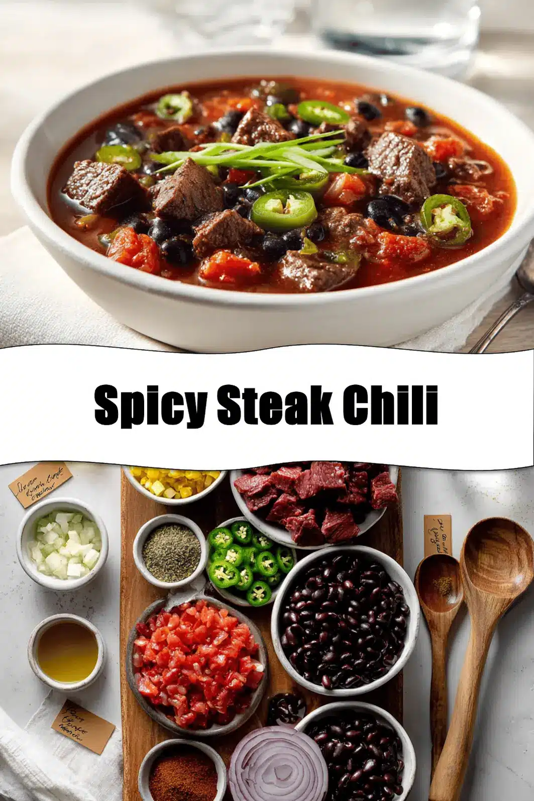 Spicy Steak Chili in bowl on white napkin warm inviting natural light glass of water_pin