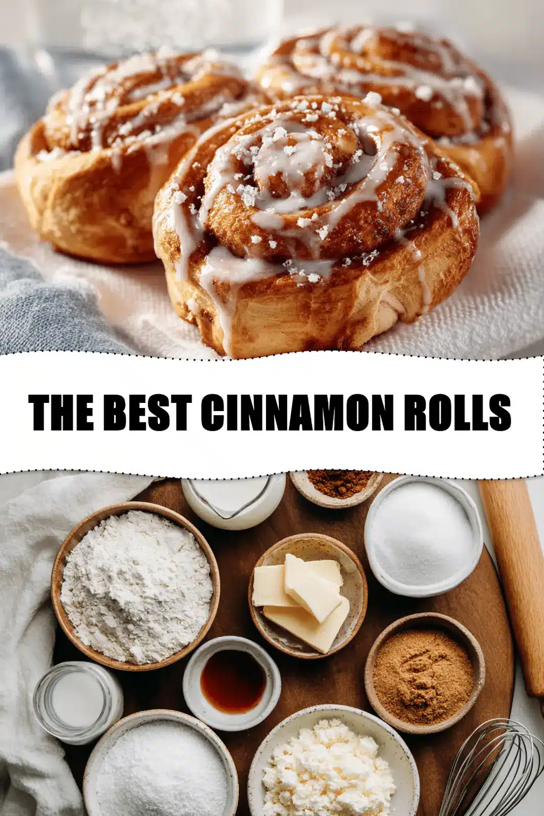 THE BEST CINNAMON ROLLS warm glazed pastries on white cloth with glass of water_pin