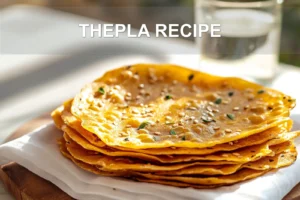 THEPLA RECIPE warm golden thepla stack on white napkin with sesame and fenugreek leaves
