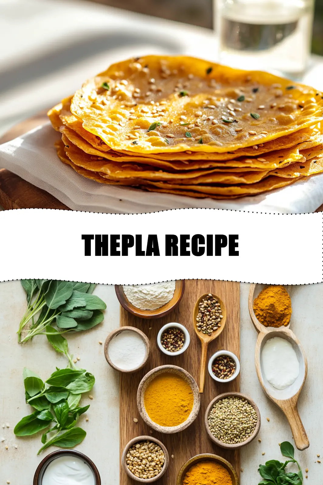 THEPLA RECIPE warm golden thepla stack on white napkin with sesame and fenugreek leaves_pin