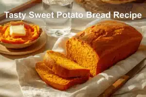 Tasty Sweet Potato Bread Recipe fresh loaf on white cloth with clear glass of water