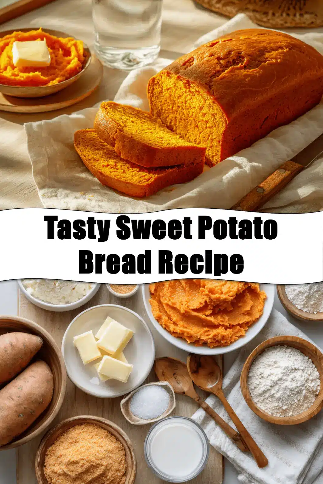 Tasty Sweet Potato Bread Recipe fresh loaf on white cloth with clear glass of water_pin