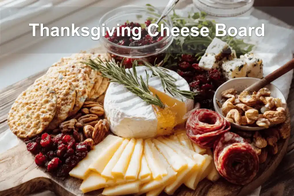 Thanksgiving Cheese Board with brie manchego white cheddar cranberry goat cheese assorted salami