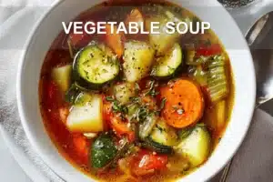 VEGETABLE SOUP overhead hero image on white cloth napkin warm natural lighting