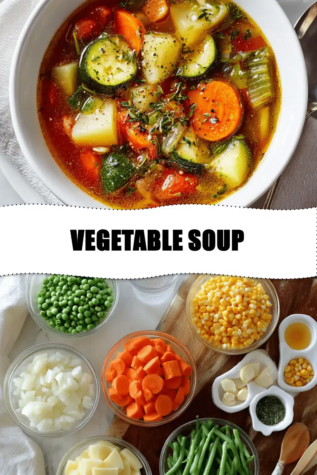 Vegetable Soup: Fresh and Irresistible Recipe Made Easy 2 VEGETABLE SOUP overhead hero image on white cloth napkin warm natural lighting_pin