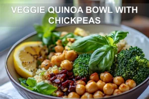 Veggie Quinoa Bowl with Chickpeas: Simple and Delicious Meal VEGGIE QUINOA BOWL WITH CHICKPEAS vibrant plated bowl with roasted chickpeas and vegetables