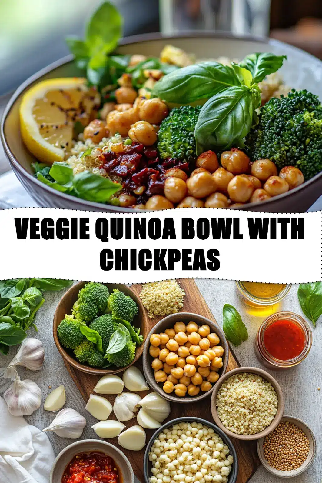 VEGGIE QUINOA BOWL WITH CHICKPEAS vibrant plated bowl with roasted chickpeas and vegetables_pin