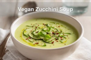 Vegan Zucchini Soup in white bowl with basil garnish olive oil drizzle cozy natural lighting