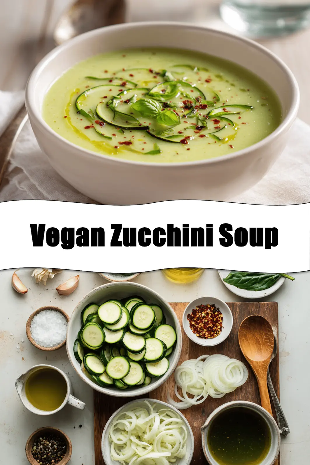 Vegan Zucchini Soup Simple Cozy Recipe You'll Love 2 Vegan Zucchini Soup in white bowl with basil garnish olive oil drizzle cozy natural lighting_pin