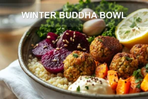 WINTER BUDDHA BOWL with golden falafel pearl couscous beet kale and creamy tahini sauce