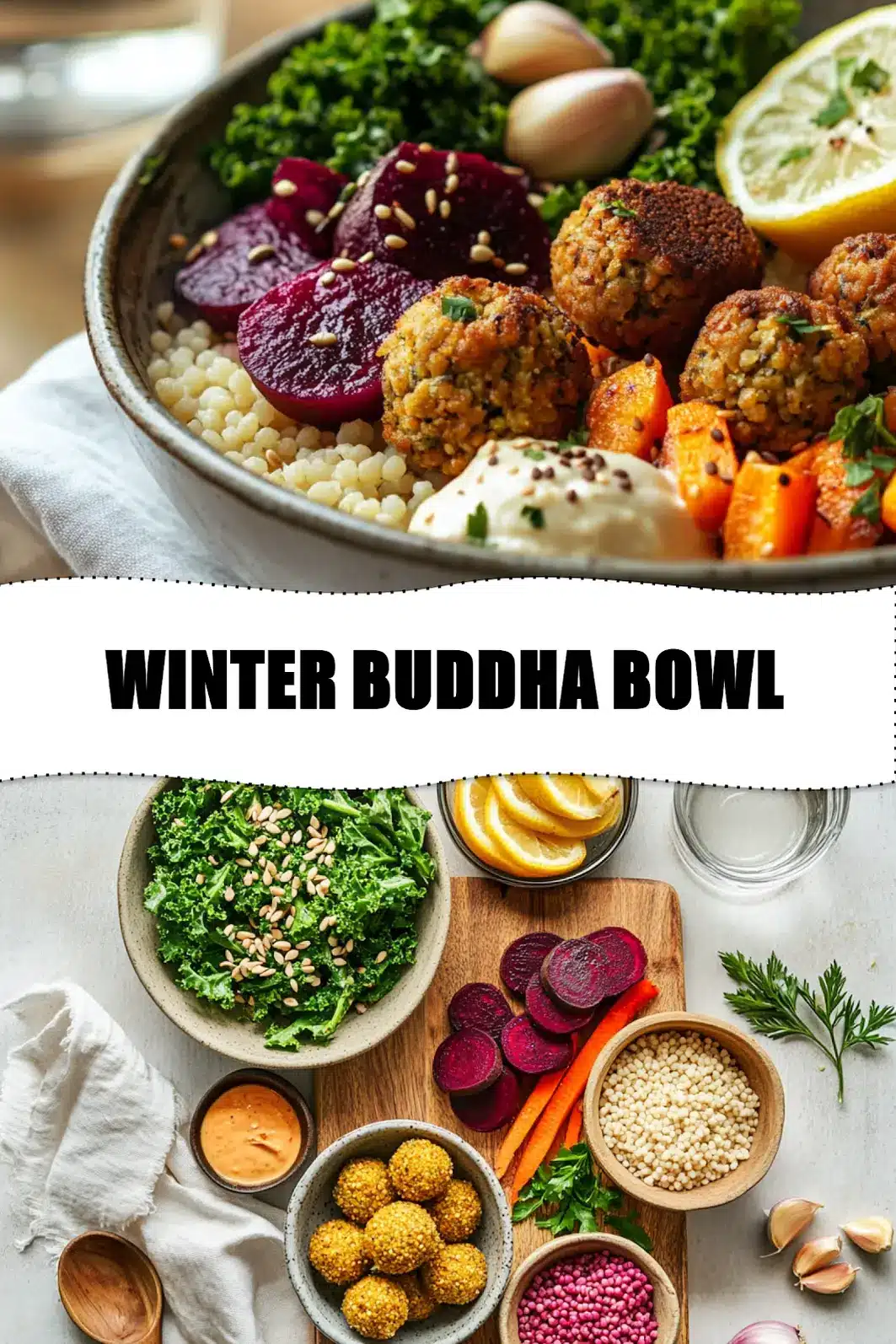 WINTER BUDDHA BOWL with golden falafel pearl couscous beet kale and creamy tahini sauce_pin