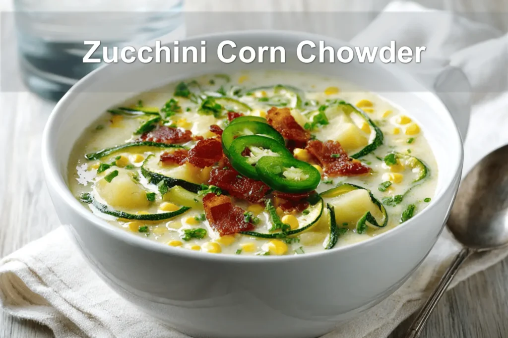 Zucchini Corn Chowder in white bowl with bacon and fresh herbs on napkin