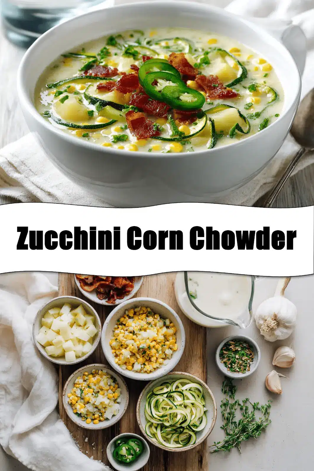 Zucchini Corn Chowder in white bowl with bacon and fresh herbs on napkin_pin