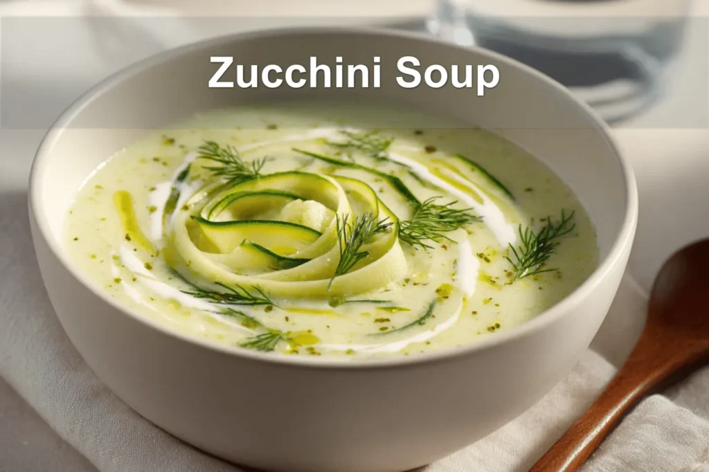 Zucchini Soup garnished with dill in white bowl on cloth beside clear water glass