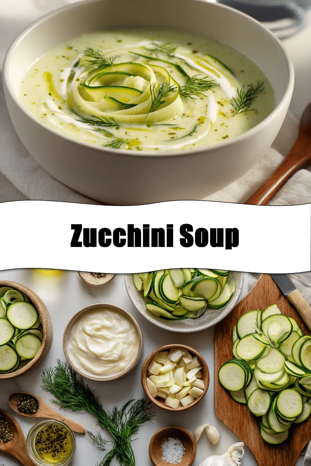 Zucchini Soup garnished with dill in white bowl on cloth beside clear water glass_pin