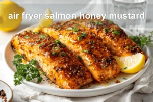 air fryer salmon honey mustard plated with lemon wedge and fresh herbs on white napkin