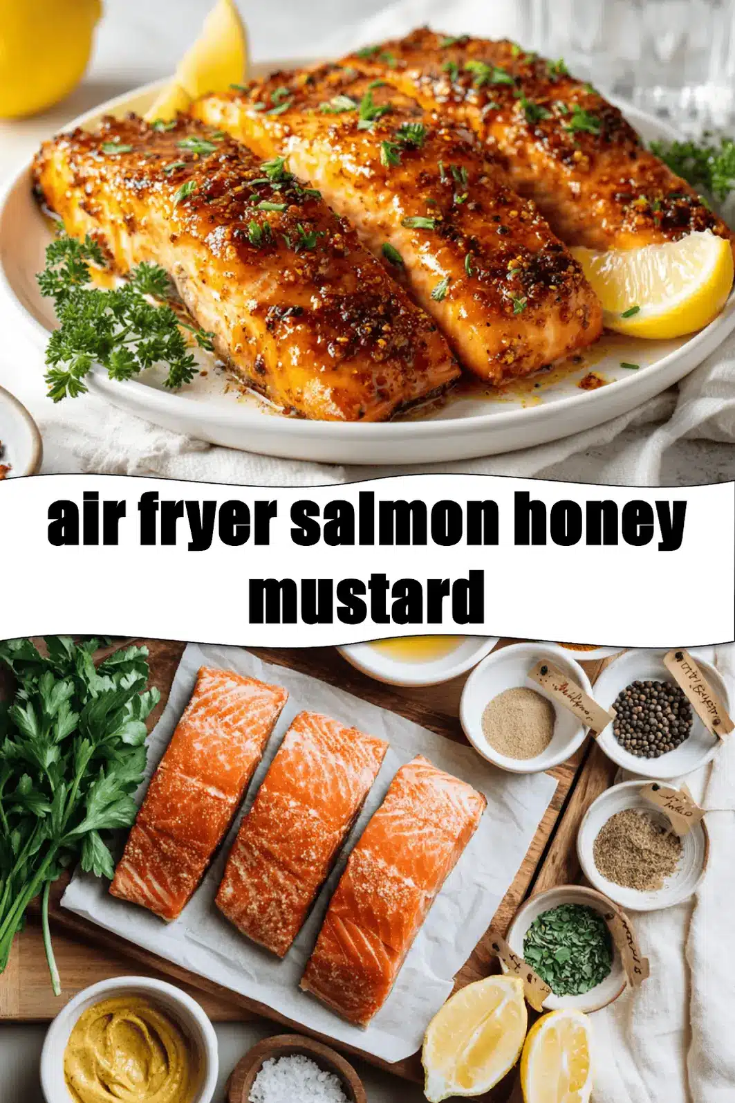 Air Fryer Salmon Honey Mustard: Easy Delicious Recipe 2 air fryer salmon honey mustard plated with lemon wedge and fresh herbs on white napkin_pin