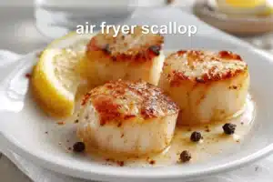 Air fryer scallop plated with lemon wedge, butter glaze, paprika and coarse salt flakes