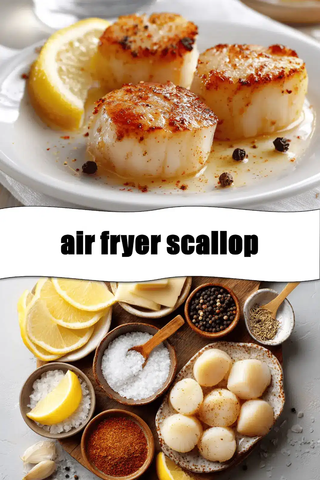 Air Fryer Scallop: Simple Delicious Recipe for Beginners 2 Air fryer scallop plated with lemon wedge, butter glaze, paprika and coarse salt flakes_pin