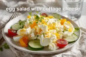 Egg salad with cottage cheese on white napkin, vibrant peppers and herbs, water glass