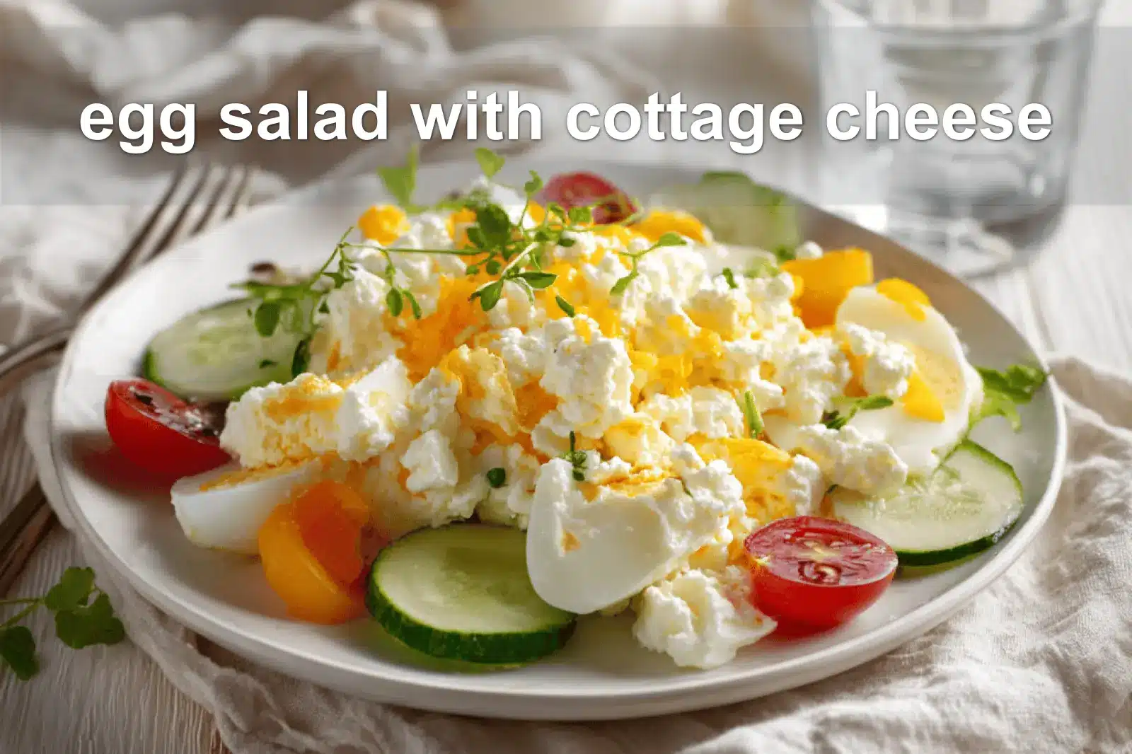 Egg Salad with Cottage Cheese: Delicious Fresh Twist 3 Egg salad with cottage cheese on white napkin, vibrant peppers and herbs, water glass
