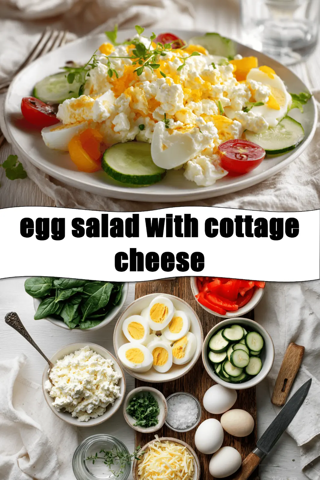 Egg Salad with Cottage Cheese: Delicious Fresh Twist 2 Egg salad with cottage cheese on white napkin, vibrant peppers and herbs, water glass_pin